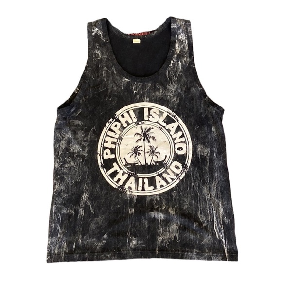 Vintage Thailand Tank Top Tie Dye Abstract Palm Tree Island‎ Black White L - Picture 1 of 11